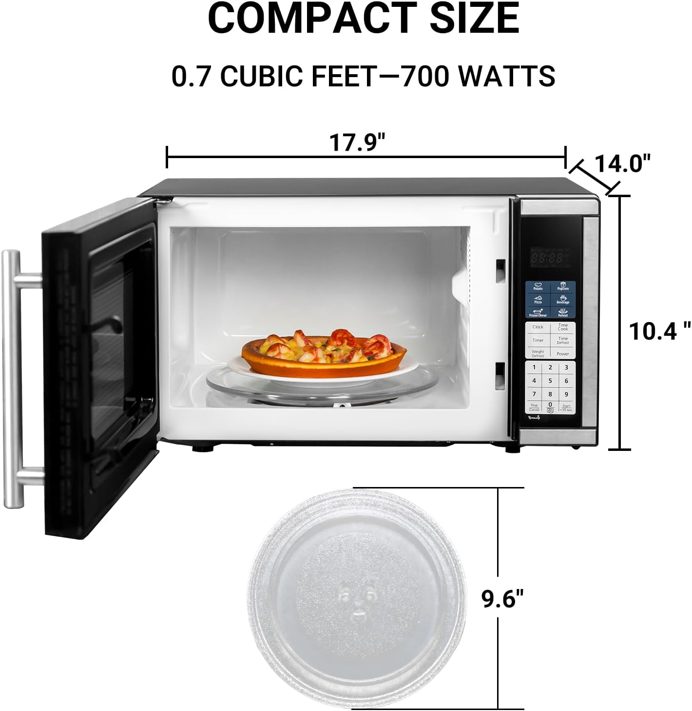Smad 0.7 Cu.Ft Compact Microwave - 700W Mini Microwave with Removable Turntable & Child Lock | Stainless Steel