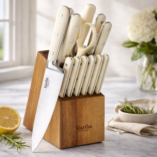 Martha Stewart 14-Piece High Carbon Stainless Steel Cutlery Set - Forged Handles & Acacia Block | Linen White