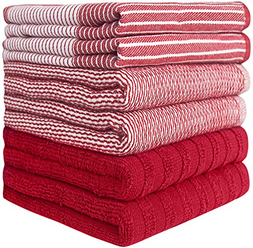 Premium Kitchen Towels (20”x 28”, 6 Pack) | Large Cotton Kitchen Hand Towels | Dish Towels | Flat & Terry Towel | Kitchen Towels | Highly Absorbent Tea Towels Set with Hanging Loop | Red