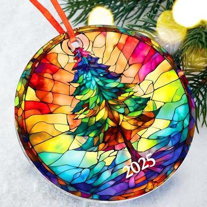 2025 Christmas Tree Ornaments Acrylic Faux Stained Glass Effect Gift Set - Tree Variation