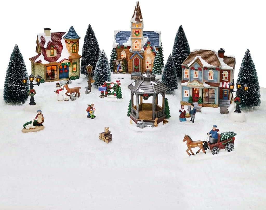 Moments In Time 20-Piece Lighted Christmas Village Set - Hand-Painted Holiday Town Display with LED Lights