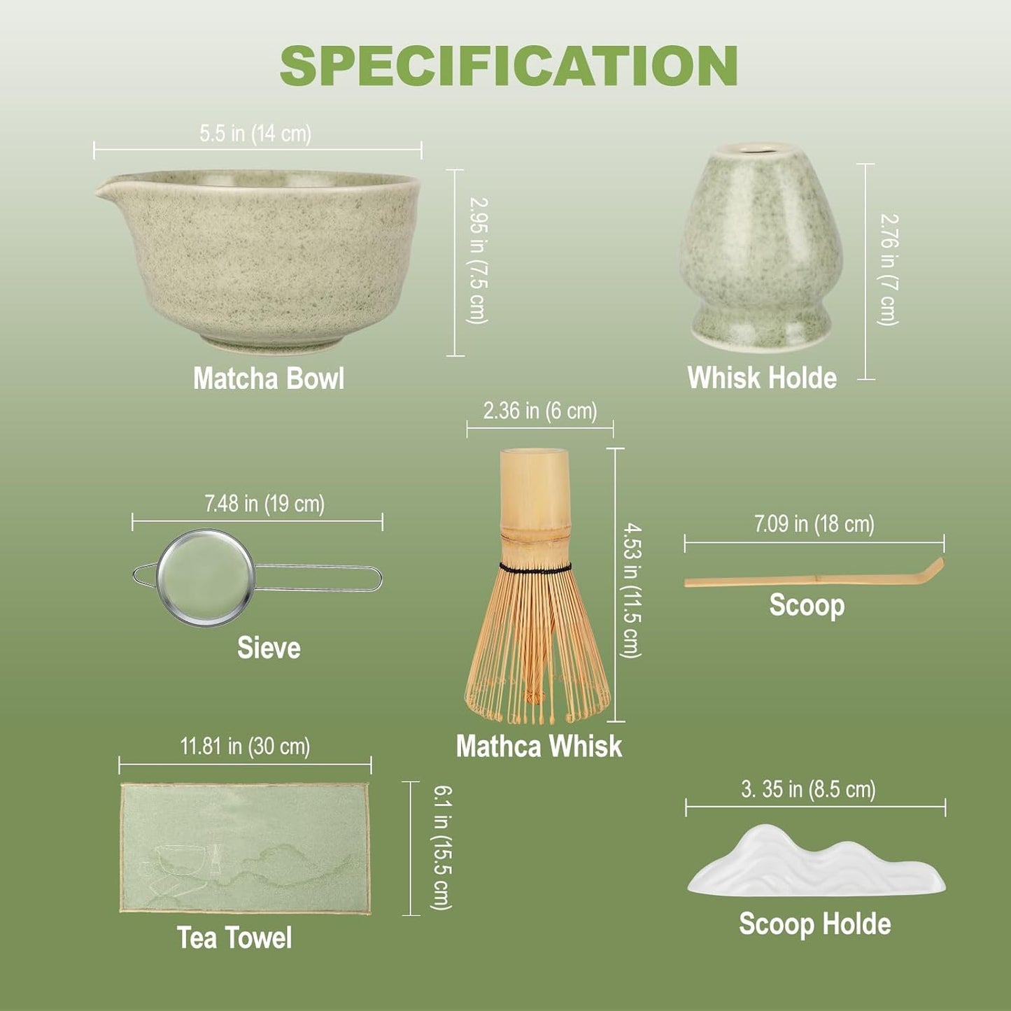 SIMPLETaste Matcha Whisk Set - 7-Piece Ceramic Kit with Bowl, Whisk, Bamboo Scoop & More | Perfect for Matcha Lovers (Green)