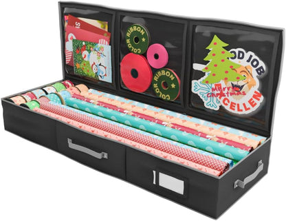 Primode Wrapping Paper Storage Container - Under Bed Gift Wrap Organizer | 41”x14”x6” | Holds 18-24 Rolls Up to 40” | Durable 600D Oxford Material | Includes Pockets for Ribbons and Bows (Black)
