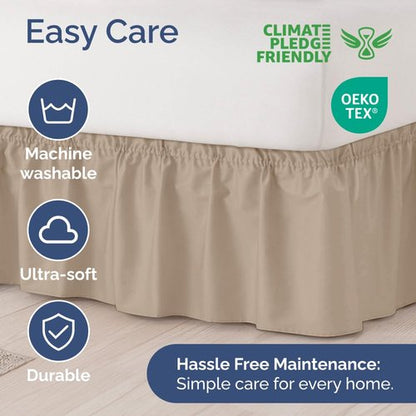 Wrap Around Dust Ruffle Bed Skirt - Cream - for Queen Size Beds with 15 in. Drop – Easy Fit Elastic Strap - Pleated Bedskirt with Brushed Fabric - Wrinkle Free, Machine Wash - by CGK Linens