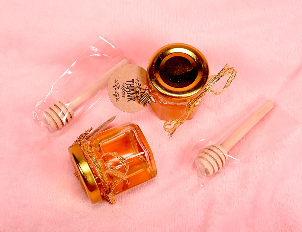 Small Honey Jar, Mini Honey Jars with Dipper, Glass Honey Pot Baby Shower Favors, Party Favors & Wedding Favors, Hexagon Honey Container w/ Lid, Bee Charms, Fabric Ribbons and Bags, 60 Pack 1.5oz