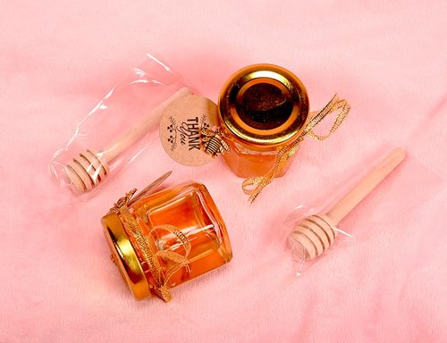 Ahhute Honey Pot, Mini Honey Jars with Dipper, Glass Honey Jars Baby Shower Favors, Party Favors & Wedding Favors, Lid, Bee Pendants, Gold Fabric Ribbons and Gold Organza Bags, 40 Pack 1.5oz