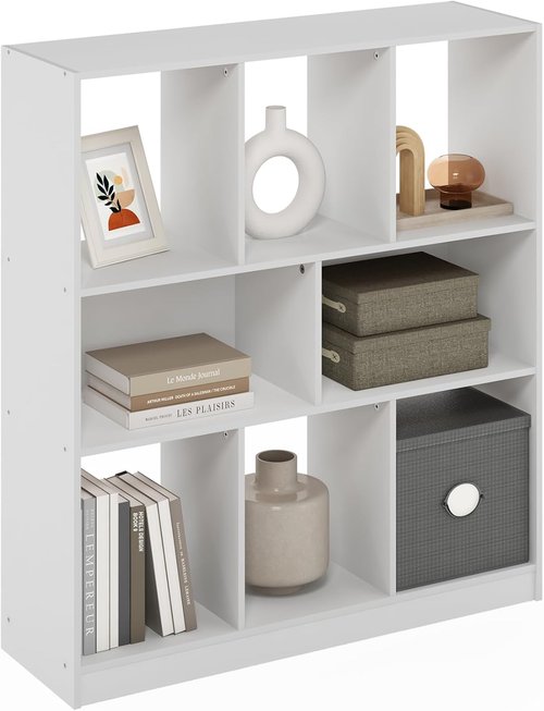 Furinno DALY Bookshelf - 8-Cube Horizontal Storage Organizer | White, 10.9" x 35.4" x 39.4" for Home & Office