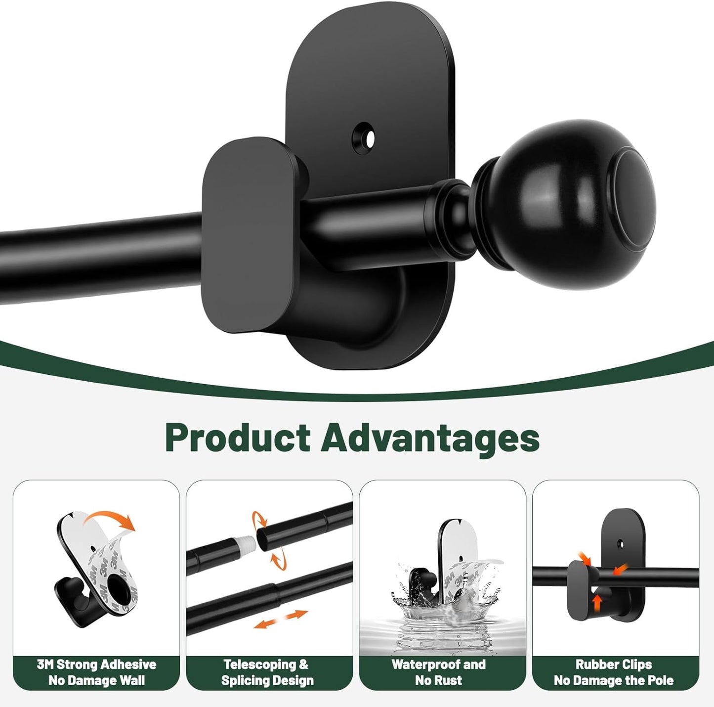 USFOOK No Drill Curtain Rods - 48 to 84 Inches | 5/8 Inch Adhesive Drapery Rods with Round Finials