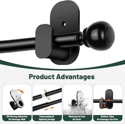 USFOOK No Drill Curtain Rods - 48 to 84 Inches | 5/8 Inch Adhesive Drapery Rods with Round Finials