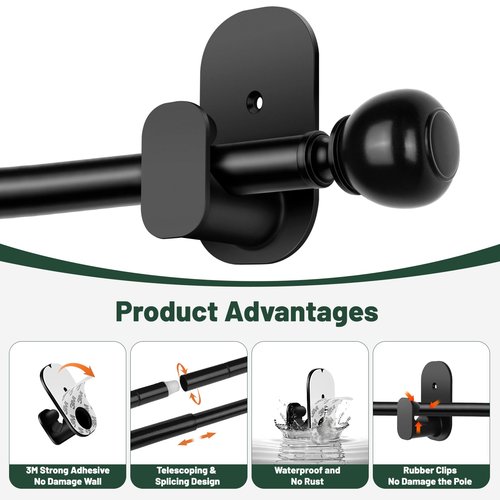 Black No Drill Curtain Rods for Windows 48 to 84 Inches, USFOOK 5/8 Inch Curtain Rods No Drilling with 3M Adhesive Holders, Adhesive Drapery Rod with Round Finials