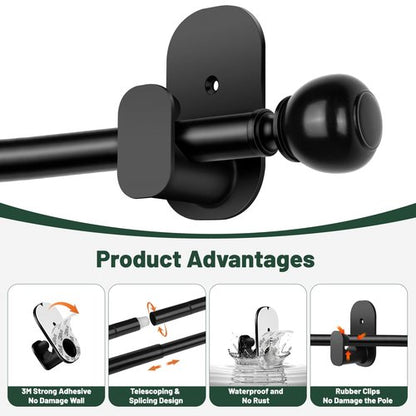 Black No Drill Curtain Rods for Windows 48 to 84 Inches, USFOOK 5/8 Inch Curtain Rods No Drilling with 3M Adhesive Holders, Adhesive Drapery Rod with Round Finials