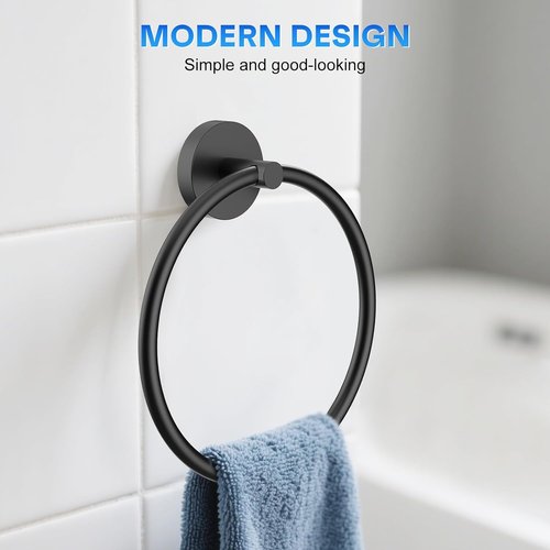 Matte Black Hand Towel Holder - Stainless Steel Round Towel Ring for Bathroom Wall