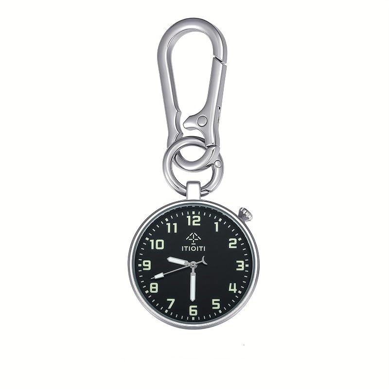 Clip On Pocket Watch with Luminous Dial, Carabiner Clip - Silver Case, Black Dial (1.54 in) - ITIOITI