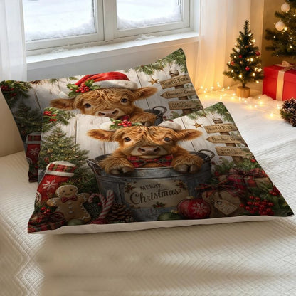 Queen Highland Cow Christmas Comforter Set Kids Bedding with Santa Hat & Holiday Design - 3 Piece