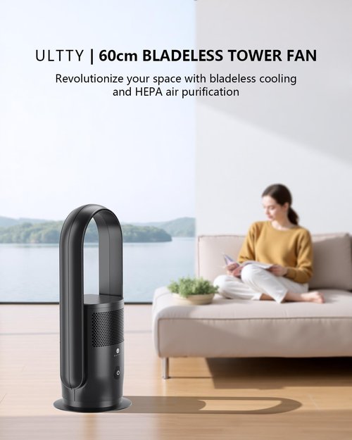 ULTTY Bladeless Tower Fan and Air Purifier in one, 90° Oscillating Bladeless Fan with Remote, Touch, 8H Timer, Floor Fans for Bedroom Whole Room Home Office R021, Black