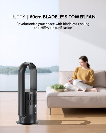 ULTTY Bladeless Tower Fan and Air Purifier in one, 90° Oscillating Bladeless Fan with Remote, Touch, 8H Timer, Floor Fans for Bedroom Whole Room Home Office R021, Black