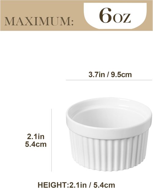 MALACASA Ramekins - 6 oz Oven Safe Porcelain Creme Brulee & Pudding Cups | Set of 6 White Baking Dishes