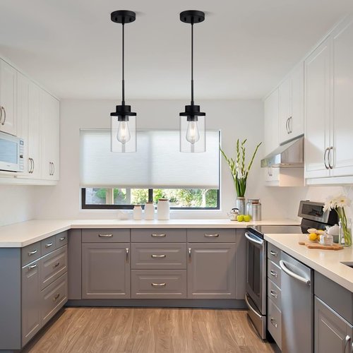 DALIVOL Modern Black Farmhouse Clear Glass Cylinder Pendant Light Fixture, Single Hanging Pendant Lighting for Kitchen Island, Dining Room, Foyer & Hallway(2 Packs)