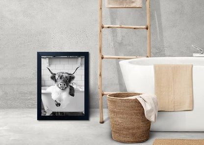 Highland Cow Bathroom Decor - Funny Farmhouse Canvas Print of Cow in Bathtub | Black & White Wall Art