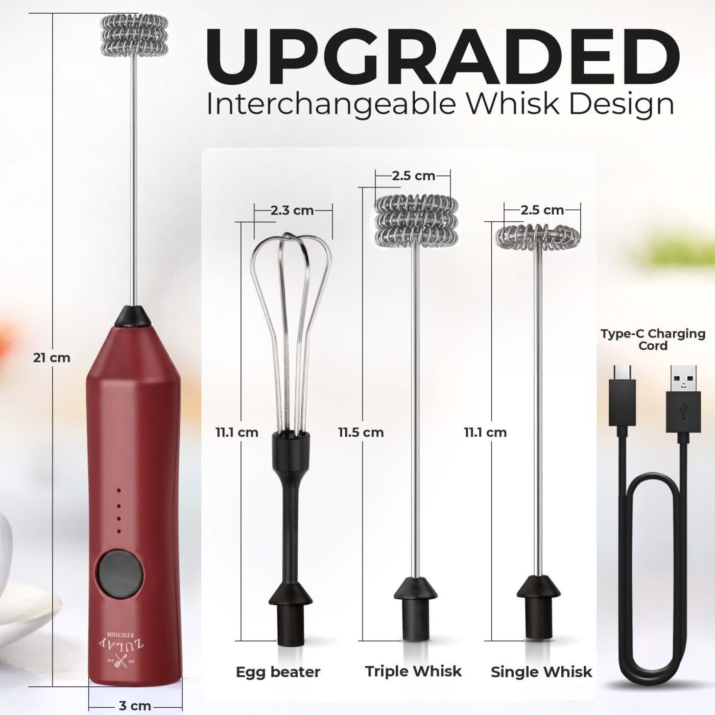 Zulay Kitchen Rechargeable Milk Frother - Dynamic - 3 Speeds, 3 Whisk Attachments, 500 mAh USB Charging, Drink Mixer For Latte, Cappuccino, Matcha, Protein Powder, Coffee Foam - Red Black