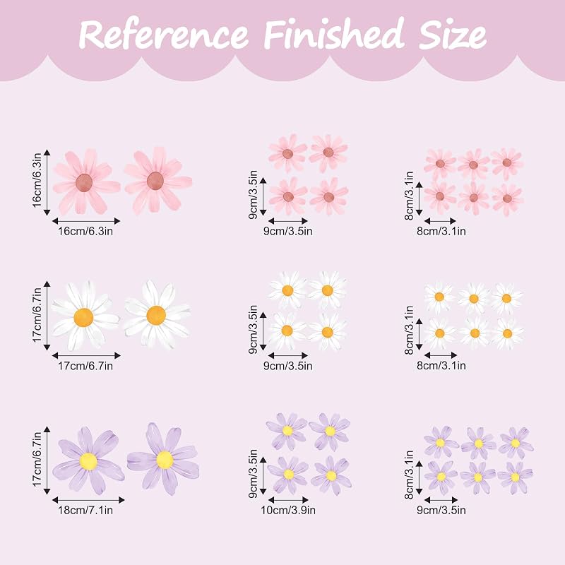 Tanlaby 9 Sheets Daisy Wall Decals – Watercolor Floral Stickers, Pink White Purple Variation