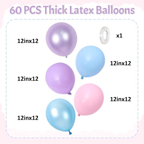 HILAVO 60Pcs 12-Inch Metallic Pastel Balloons - Iridescent Pink, Blue & Purple for Girls' Birthday Parties