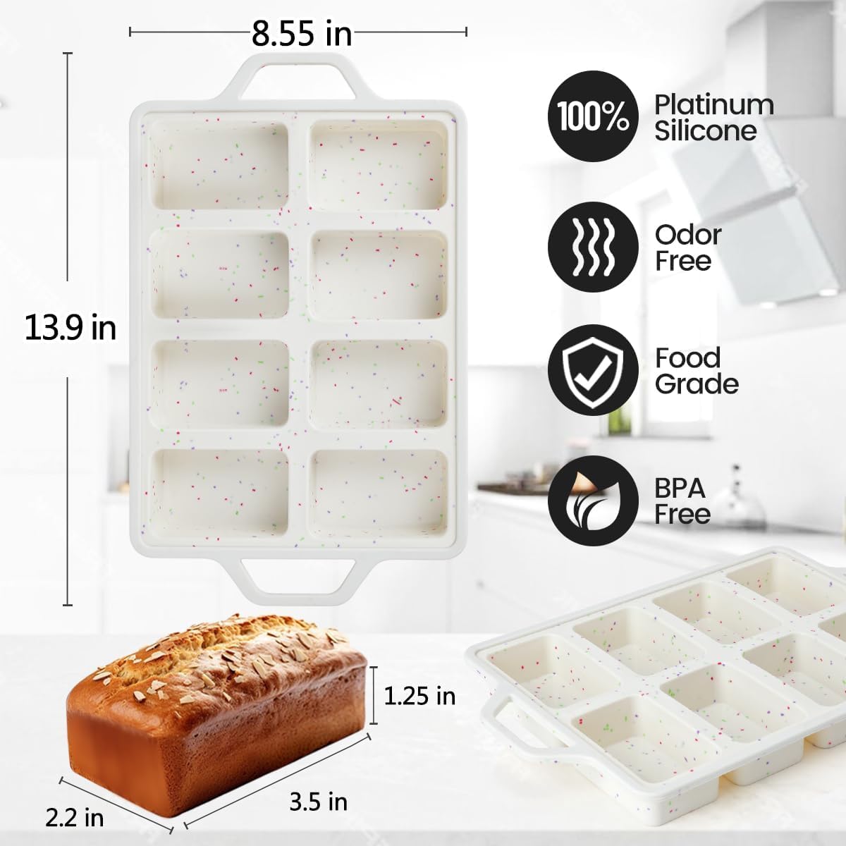 Skiennix Mini Loaf Pan - Nonstick Silicone Molds for Baking Bread, Meatloaf & Brownies | 8 Cavities