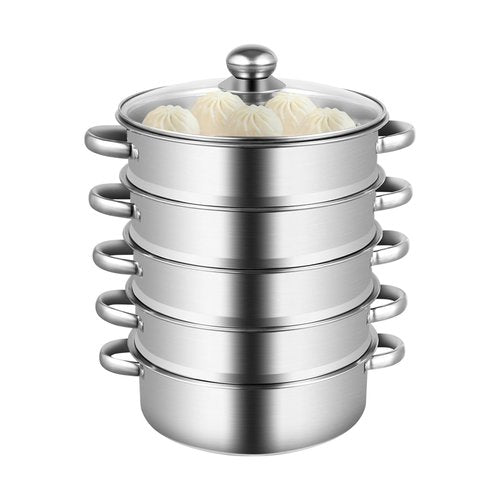 5-Tier Stainless Steel Steamer,Meat Vegetable Cooking Steamer Pot Multi Layer Stackable Kitchen Cookware,Large Steaming Pot Cookware for Steaming Veggie, Grains,Couscous, Pasta,Dumplings (Silver, 5-Tier,26cm)