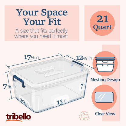 Tribello Clear Plastic Storage Bins with Lids - Stackable 21 Qt Containers for Organized Spaces