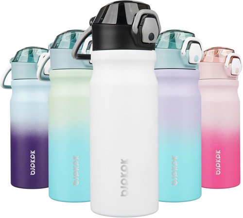 BJPKPK Insulated Water Bottle - 18oz Stainless Steel Flask with Straw & Leak-Proof Lid | White