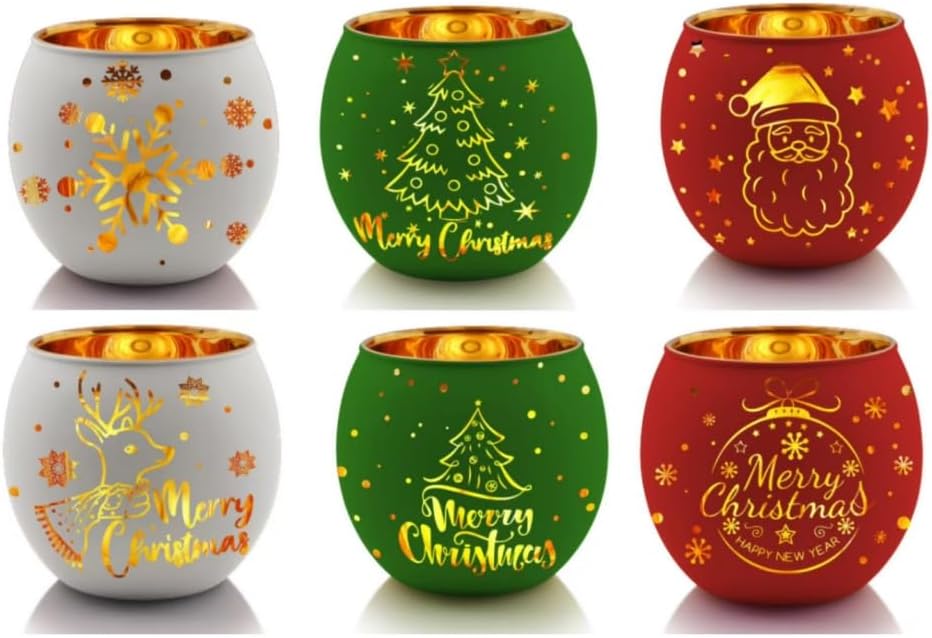 Skiennix Christmas Votive Candle Holder Set - 6 Laser Engraved Designs for Festive Table Decor