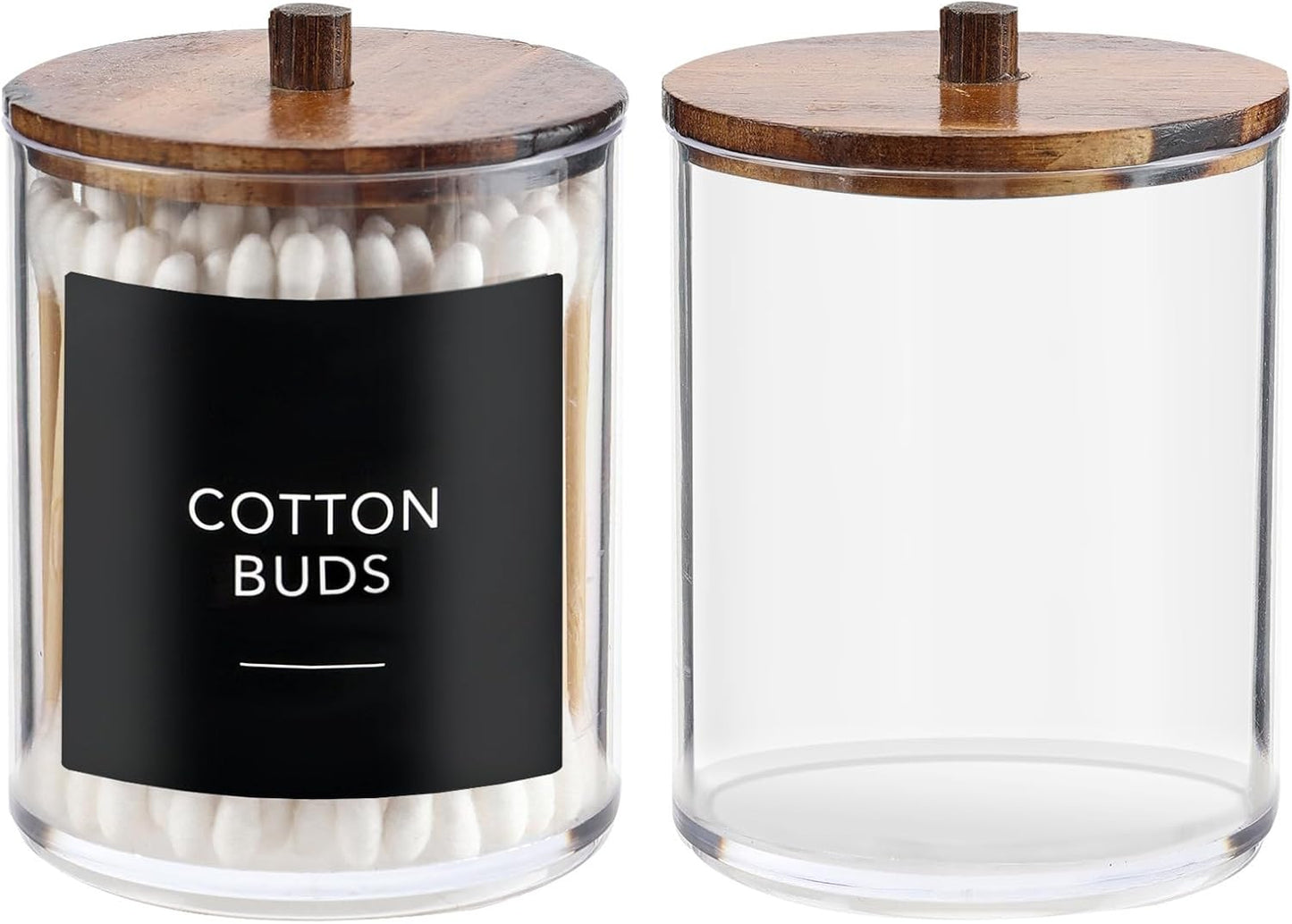 Temoyj Qtip Holder Dispenser Set - 10 oz Clear Plastic Apothecary Jars with Wood Lids for Makeup Storage | Bathroom Accessories