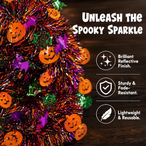 Halloween Metallic Tinsel Twist Garland - Orange and Purple Pumpkin Bat Spider Decorations - 50FT Indoor Outdoor Party Streamers - Halloween