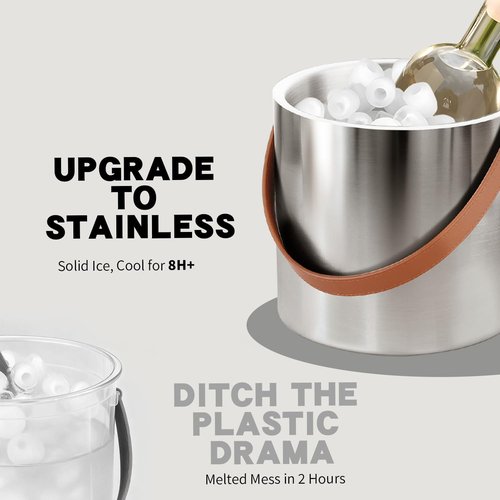 Insulated Ice Bucket with Lid, Scoop, Ice Tongs & Detachable Double-Sided PU Cover– 4L Double-Wall Stainless Steel Ice Buckets for Parties, Cocktail Ba, Champagne & Bar Cart Accessories