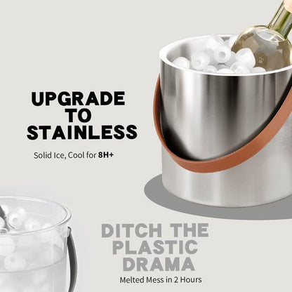 Insulated Ice Bucket with Lid, Scoop, Ice Tongs & Detachable Double-Sided PU Cover– 4L Double-Wall Stainless Steel Ice Buckets for Parties, Cocktail Ba, Champagne & Bar Cart Accessories