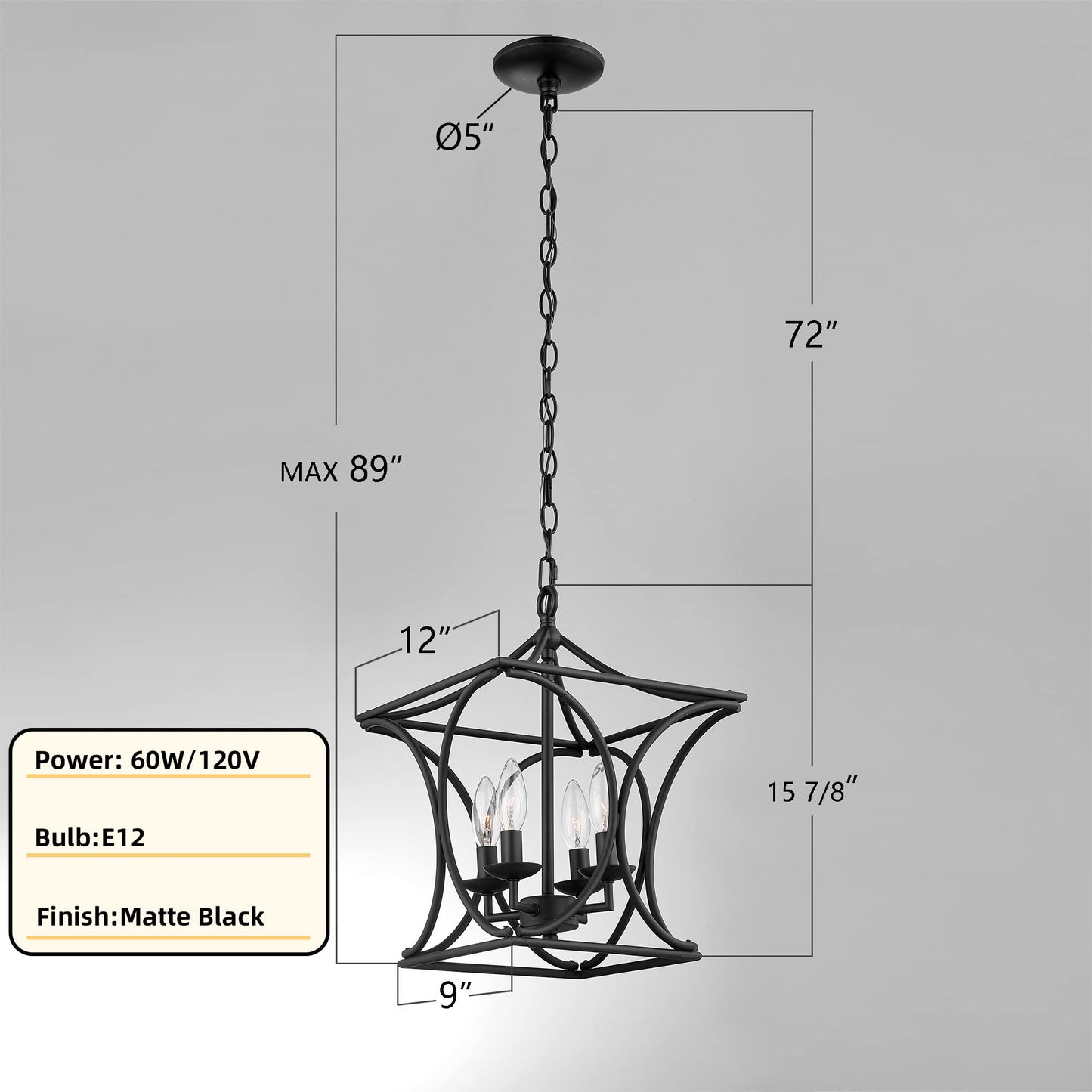 Pendant Light Fixtures 4 Light, Hanging Lantern Lights Chandeliers for Bedrooms, Geometric Cage Hanging Lamp Foyer Pendant Lighting for Farmhouse, Kitchen Island, Entryway, Corridor (Black)