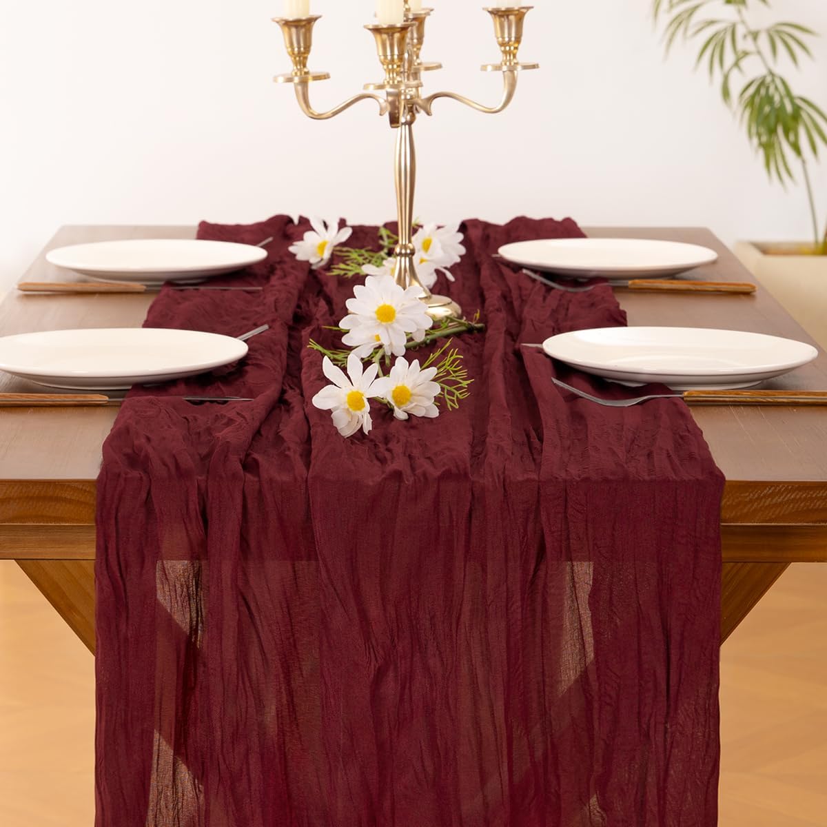 **Socomi Burgundy Red Table Runner - Boho Rustic Cheesecloth Design | 120 Inch for Weddings & Events**