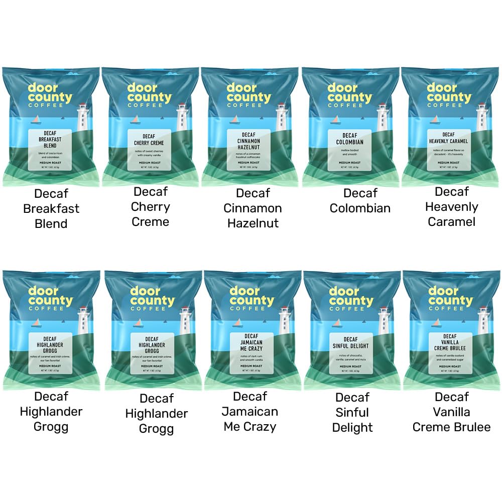 Door County Coffee Gourmet Flavored Decaf Coffee Sampler Pack - 10 Unique 1.5 oz Bags of Specialty Grade 1 Arabica