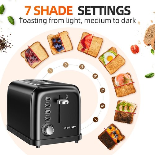 Black Stainless Steel 2-Slice Toaster - Extra Wide Slots for Bagels & Bread, 7 Shade Settings