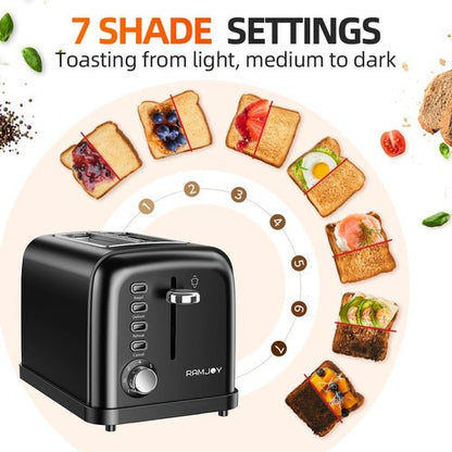 Black Stainless Steel Toaster - 2 Slice Extra Wide Slot for Bagels & Bread | 7 Shade Settings & Removable Crumb Tray