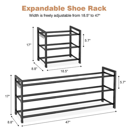 VGOBLO Expandable Shoe Rack - 18.5''- 47'' Adjustable Shoe Rack for Closet, 3 Tier Long Shoe Shelf Storage for 18 Pairs Shoe and Boot, Sturdy Metal Shoe Organizer for Entryway, Garage, Black