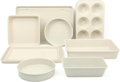 Martha Stewart Gallen 10-Piece Non-Toxic Ceramic Baking Pans Set | PFA-Free Non-Stick Bakeware - Linen White