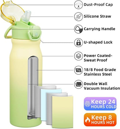 BJPKPK Stainless Steel Insulated Water Bottle - 25oz Reusable Thermal Flask with Straw Lid | Lime Color