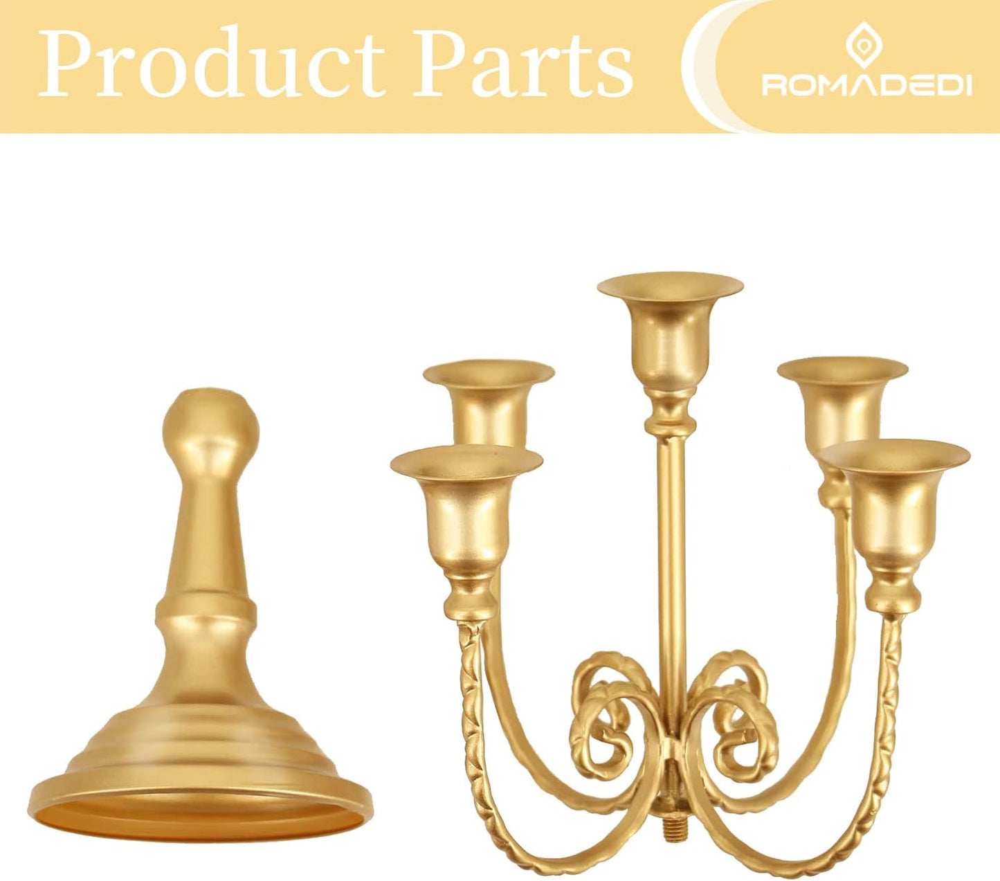Romadedi Gold Candle Holders - 5 Arm 11.8" Candelabra Set for Wedding & Holiday Table Decor | Set of 6