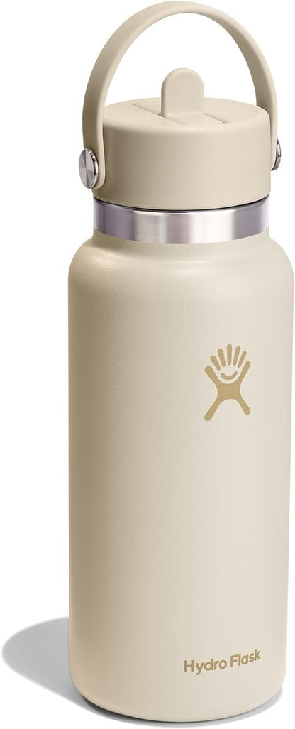 Hydro Flask Water Bottle - Insulated Stainless Steel with Wide Mouth Flex Straw Lid | 32 Oz Coconut Cream, Leakproof & Refillable