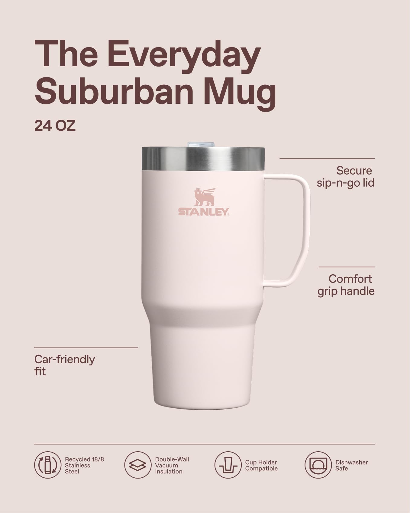 STANLEY The Everyday Suburban Mug | 24 oz | Drink Through Lid | Cup for Coffee, Tea and Drinks | Insulated Stainless Steel Coffee Mug | BPA-Free | Frost
