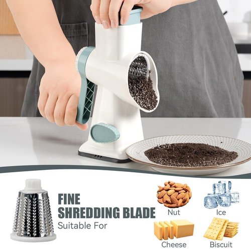 KEOUKE Rotary Cheese Grater - Hand Crank Shredder with 3 Stainless Steel Blades & Stable Suction | Safe Kitchen Tool