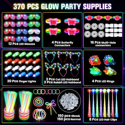 370 PCS Glow in the Dark Party Supplies Set with LED Glasses & Accessories - Pack of 1