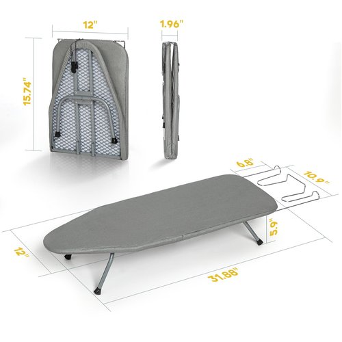 Metal Foldable Tabletop Ironing Board with Iron Rest, Portable Ironing Board Small with Heat Resistant Cotton Cover, RAINHOL Mini Iron Board for Small Space and Travel, 31"x12", Gray