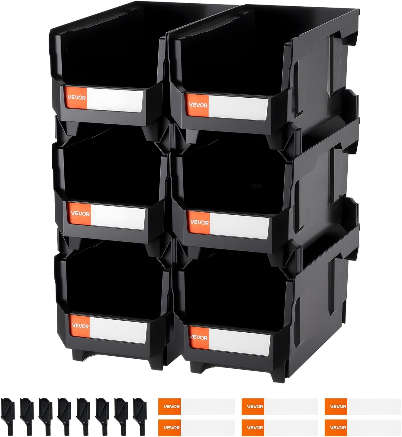 VEVOR Stackable Plastic Storage Bins - 6 Pack Organizing Containers for Closet, Garage, Office | 14.8 x 8.5 x 7.1 Inch, Black